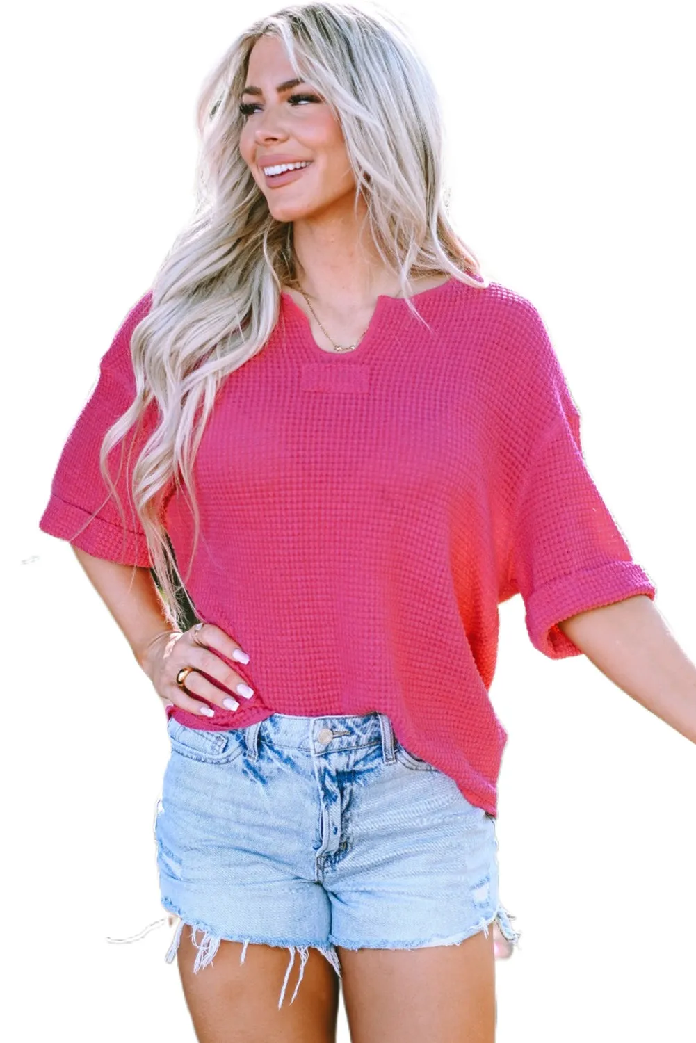 Textured Knit Split Neck Top