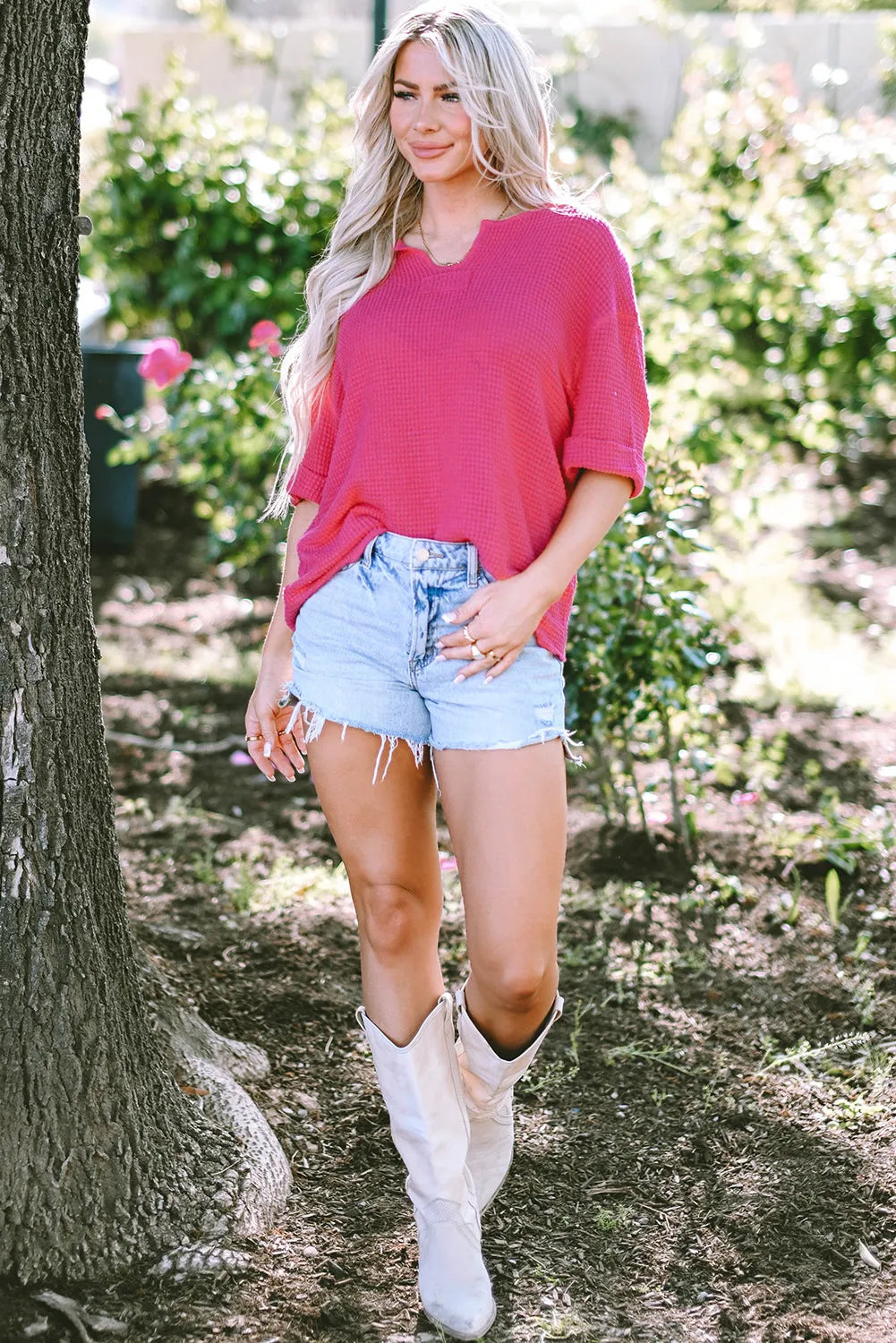 Textured Knit Split Neck Top