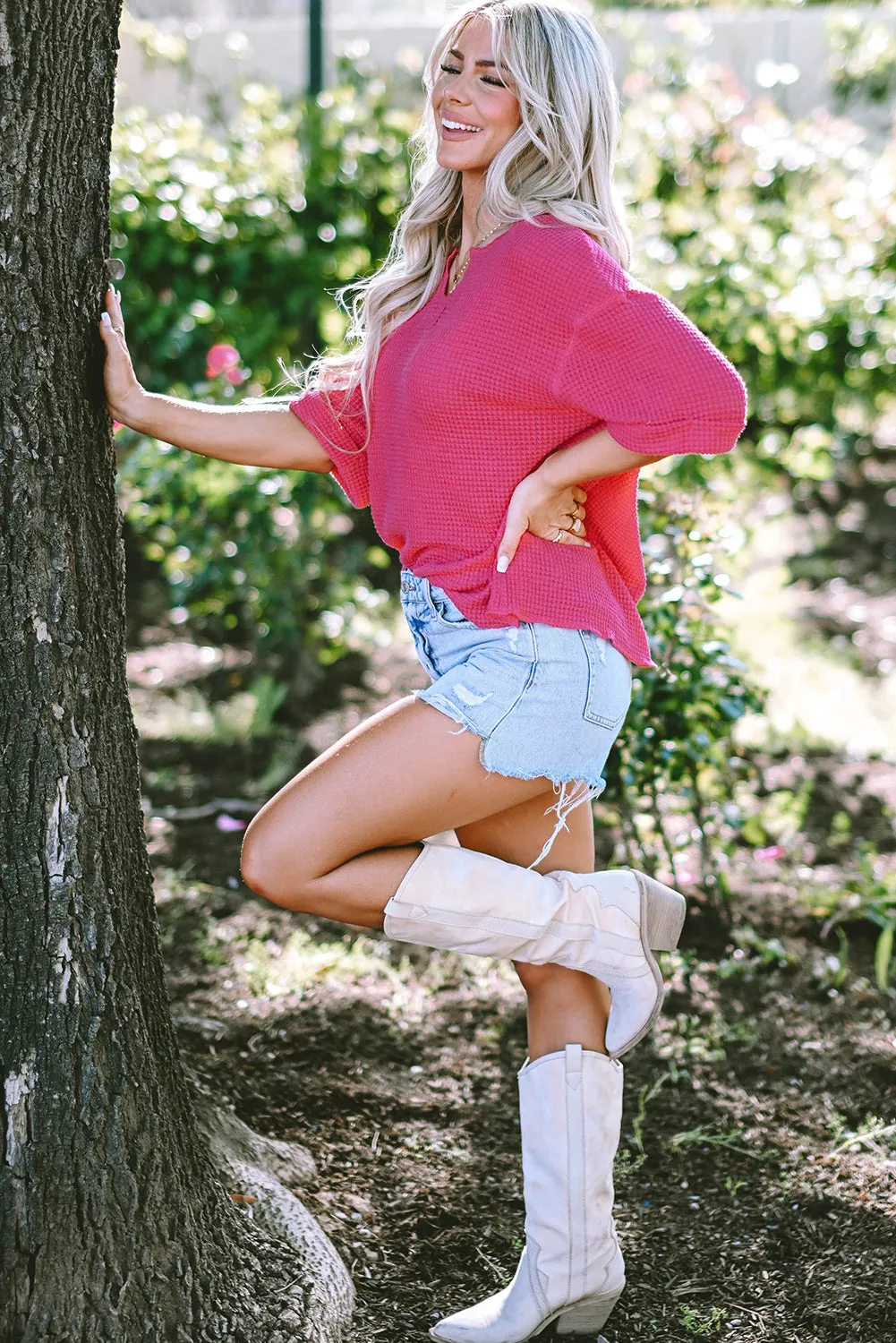 Textured Knit Split Neck Top