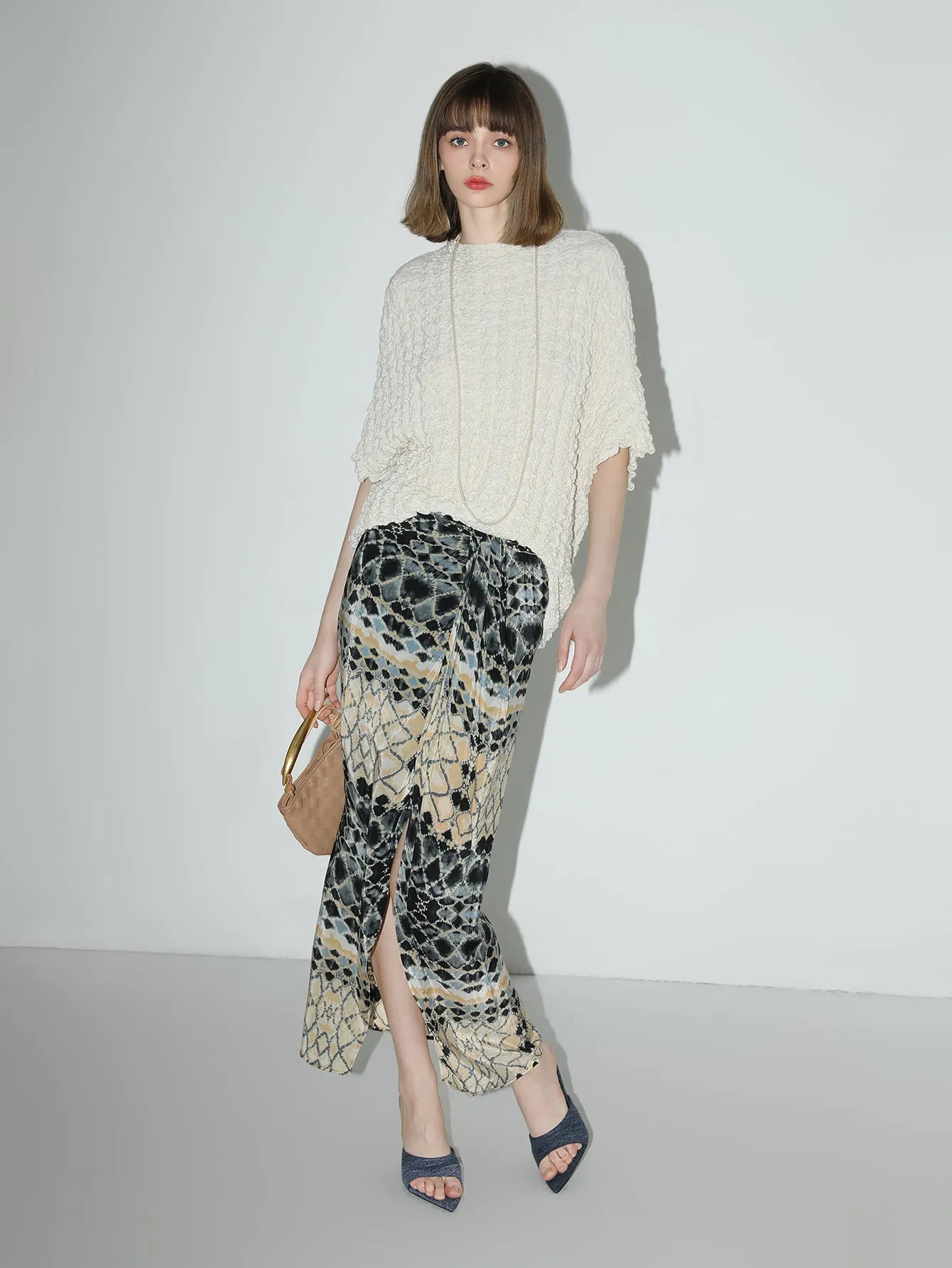 Textured Pleated Knit Batwing Top
