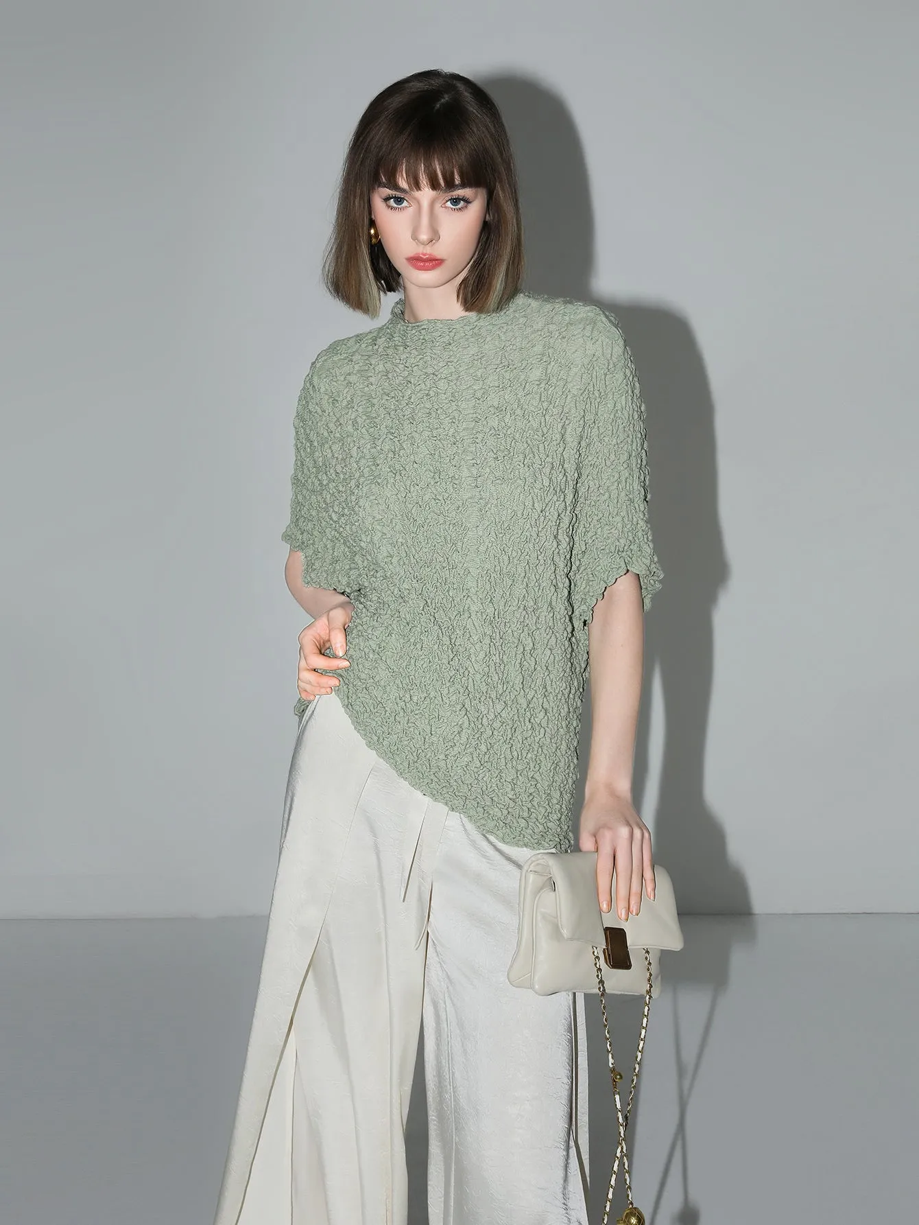 Textured Pleated Knit Batwing Top