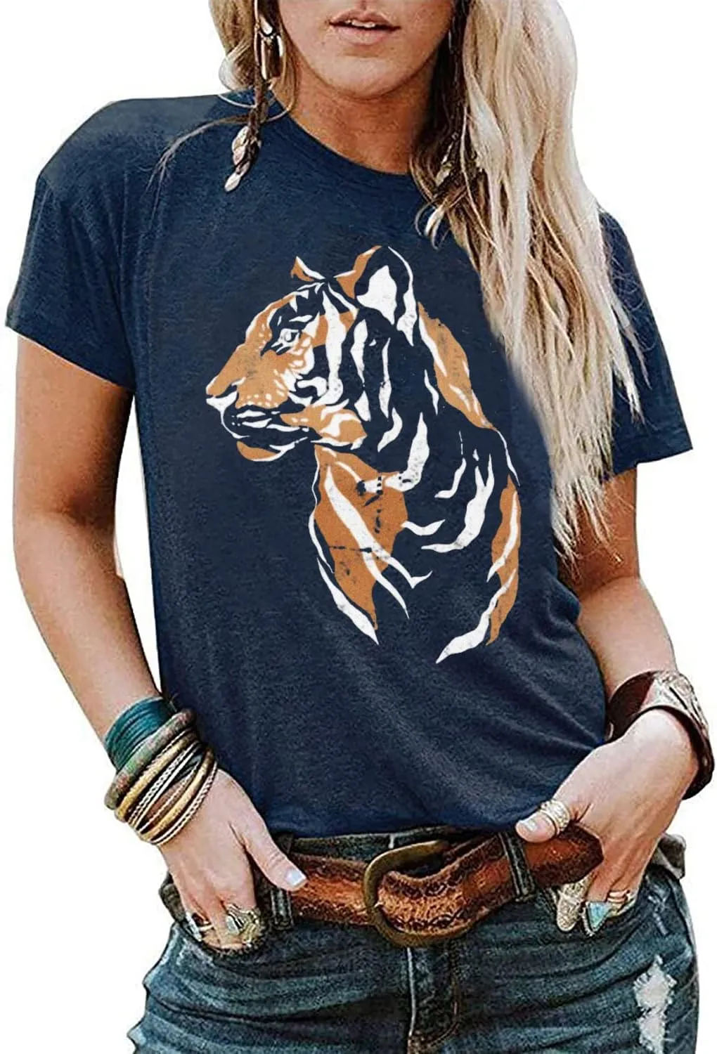Tiger Shirt for Women Vintage Animal Graphic Tees Casual Short Sleeve Crewneck T-Shirt Summer Loose Fit Tops