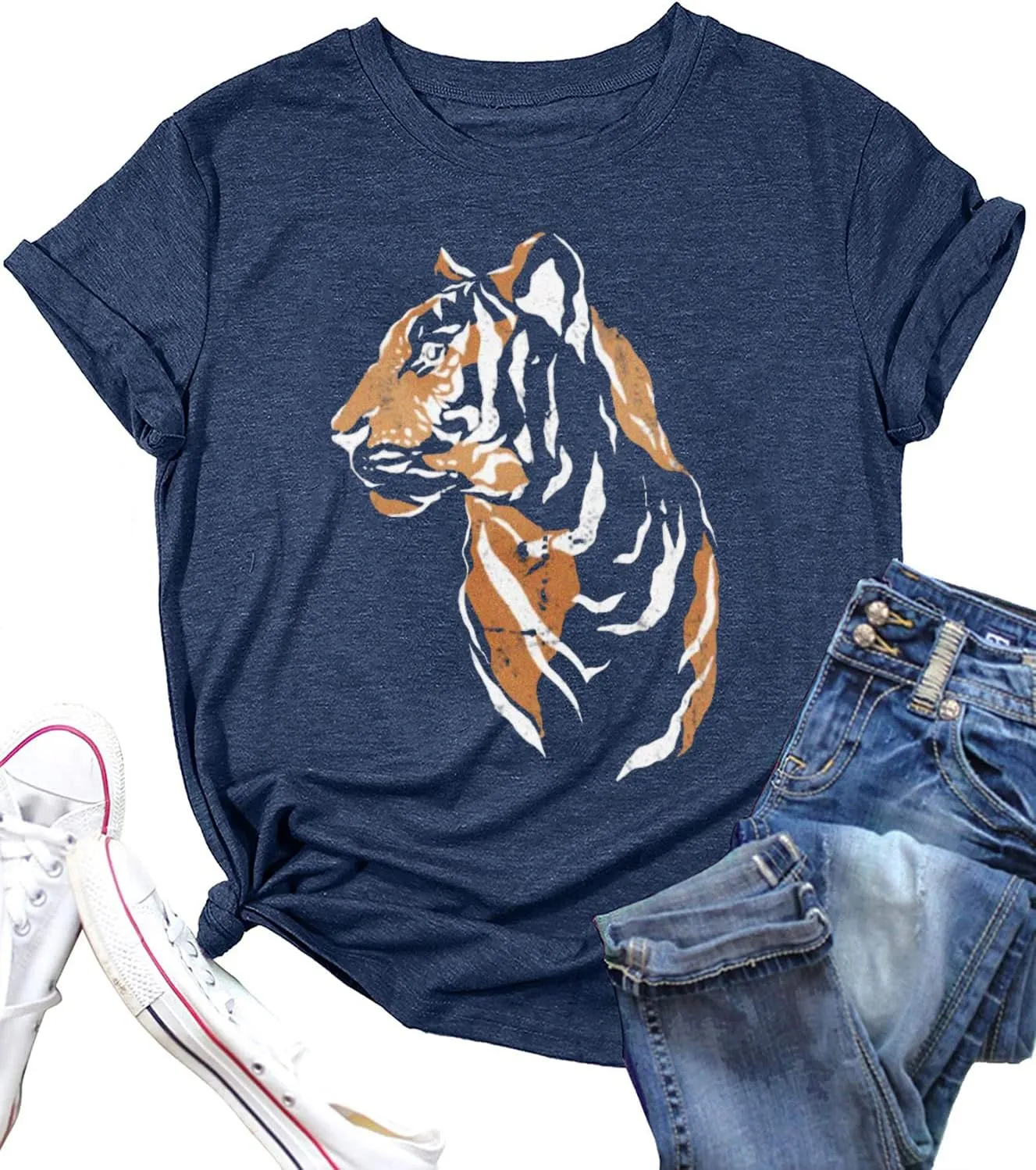 Tiger Shirt for Women Vintage Animal Graphic Tees Casual Short Sleeve Crewneck T-Shirt Summer Loose Fit Tops