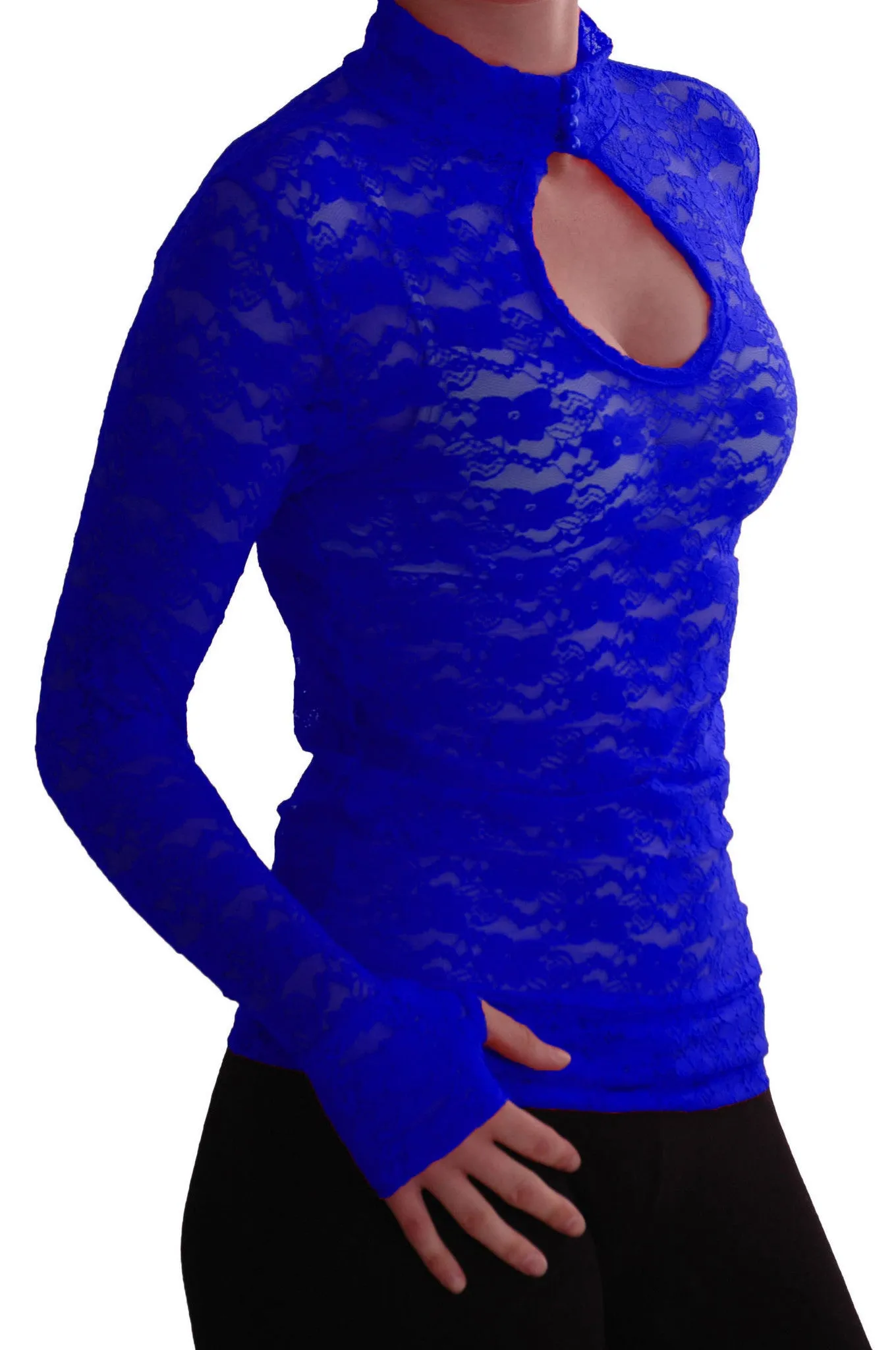 Turtle Neck Long Sleeve Floral Lace Keyhole Blouse