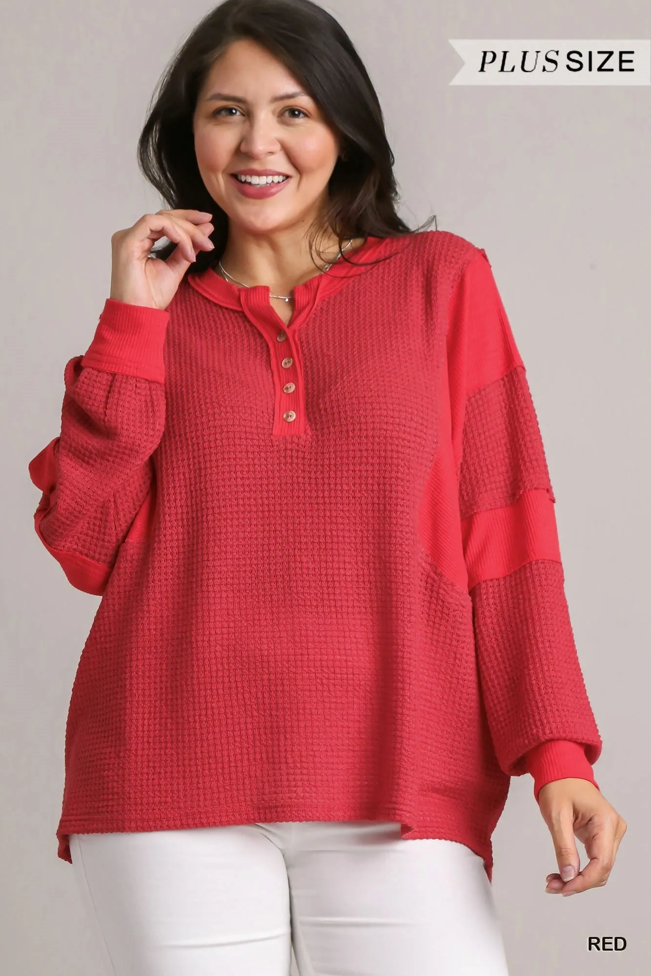 Umgee Red Henley Waffle Knit Tunic With Contrast Details Plus