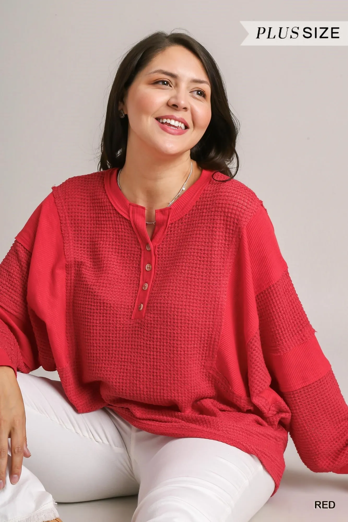 Umgee Red Henley Waffle Knit Tunic With Contrast Details Plus