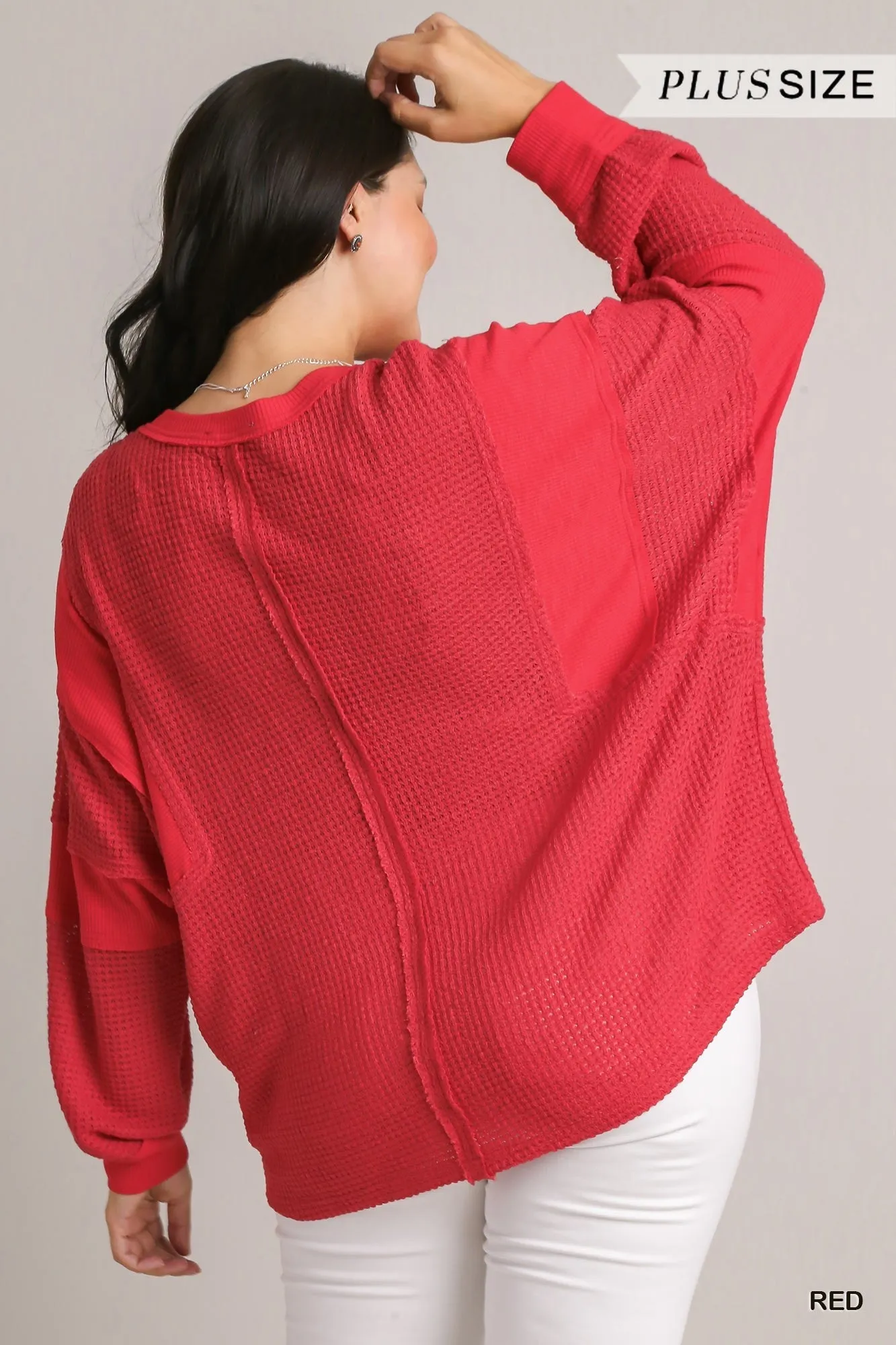 Umgee Red Henley Waffle Knit Tunic With Contrast Details Plus