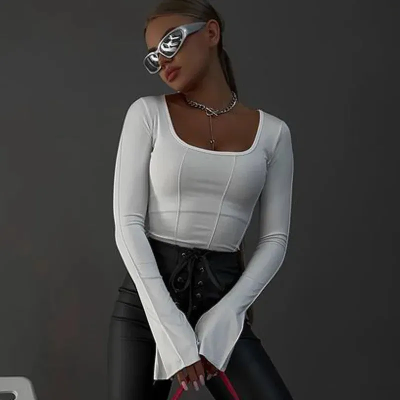 White Lace-up Backless Night Club Wear Square Neck Crop Top Women's Spring Summer Long Sleeve Corset T-shirt