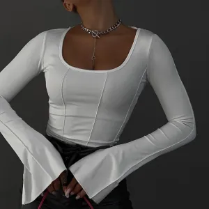 White Lace-up Backless Night Club Wear Square Neck Crop Top Women's Spring Summer Long Sleeve Corset T-shirt