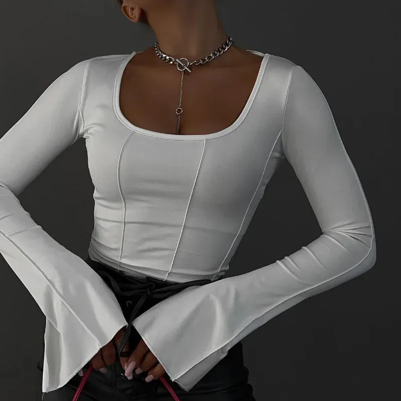 White Lace-up Backless Night Club Wear Square Neck Crop Top Women's Spring Summer Long Sleeve Corset T-shirt