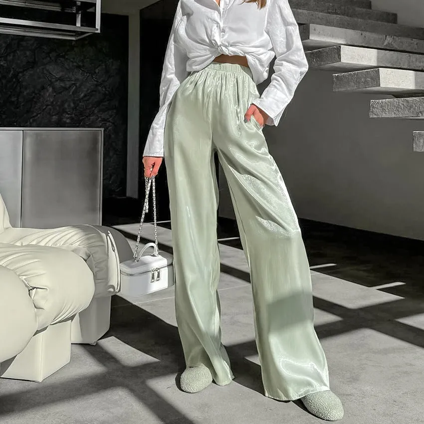 Women's Summer Fashion Versatile Shimmer Solid Color Mid-Waist Elastic Waistband Pants