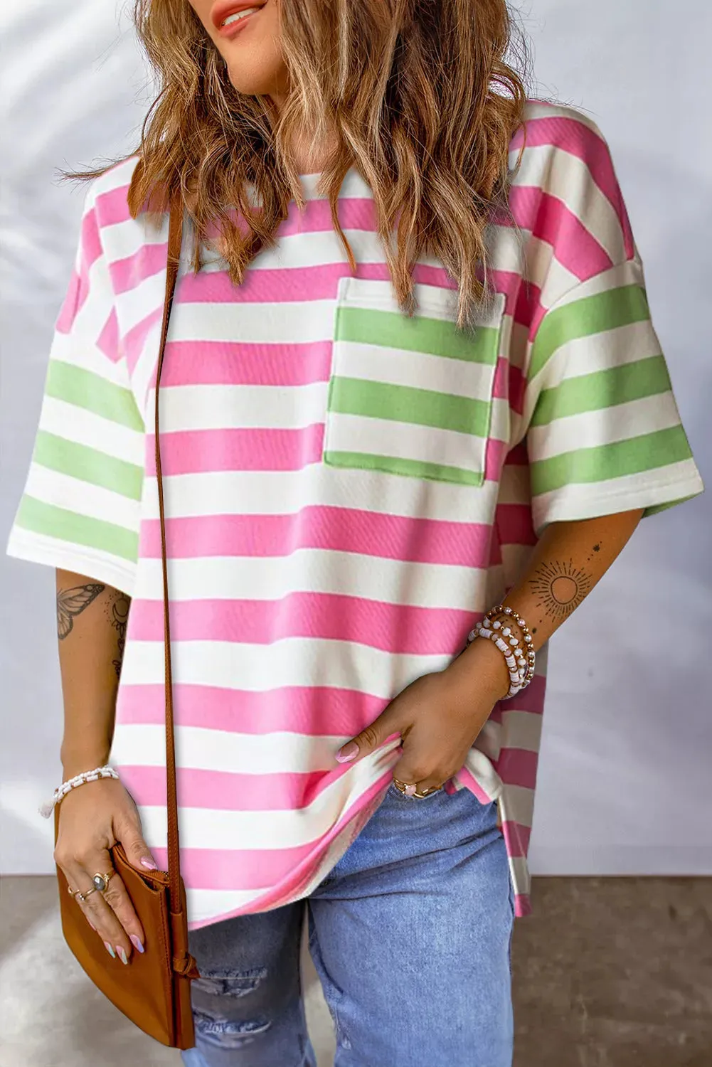 Zaria Pink Multi Stripe Drop Sleeve Top