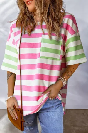 Zaria Pink Multi Stripe Drop Sleeve Top